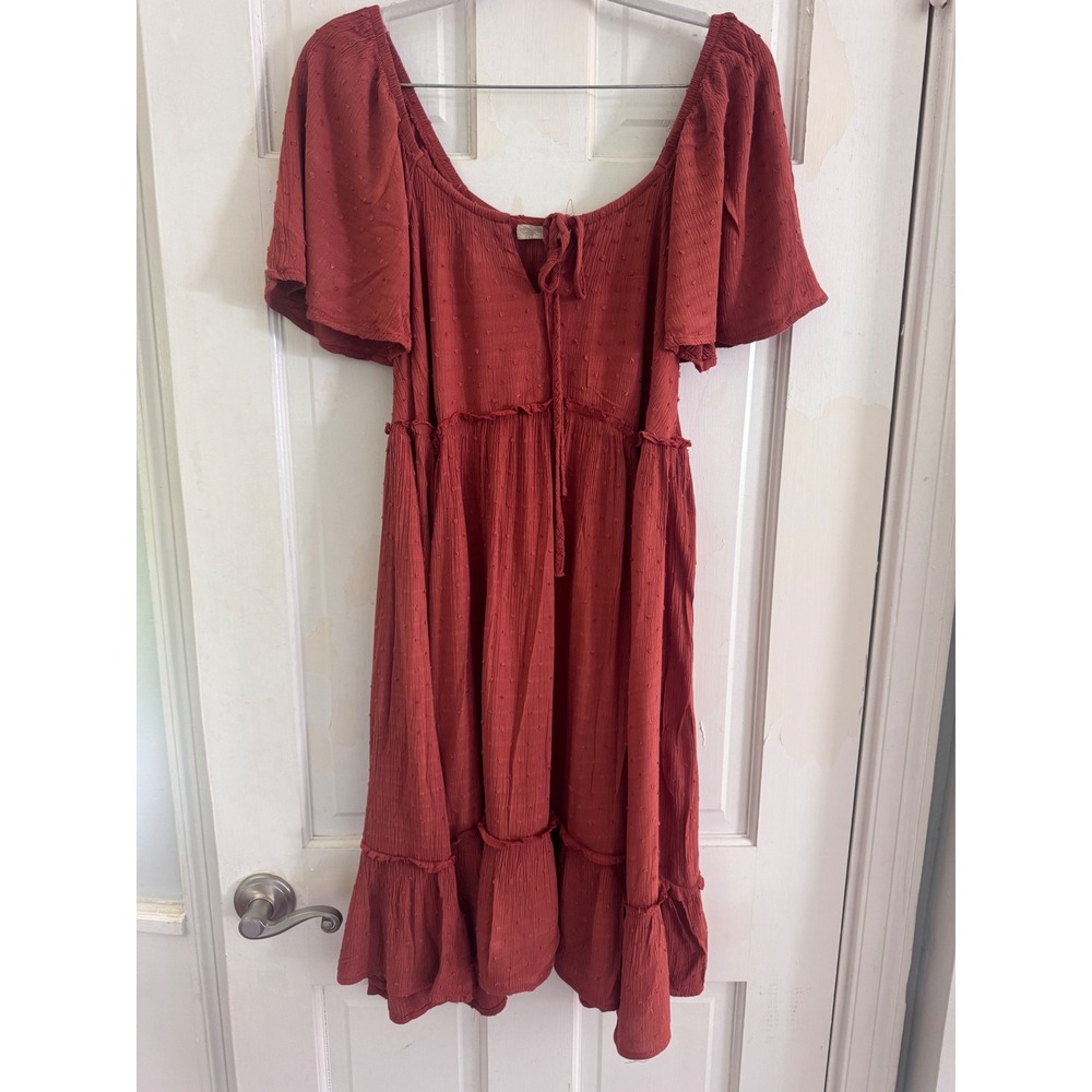 Rewind Women Rust Terracotta Swiss Dot Tiered Babydoll Dress Small Boho Mini